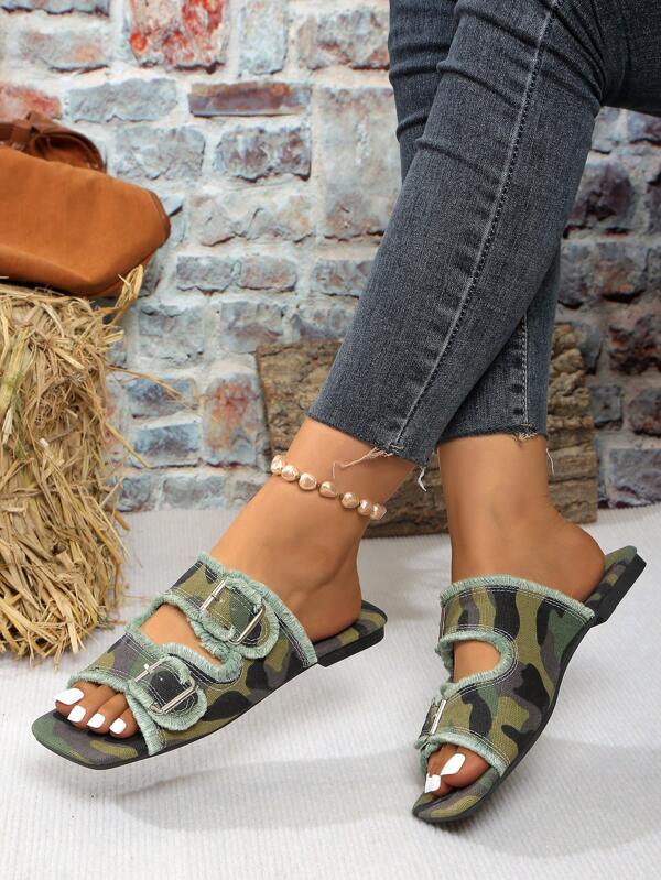 Damen Sandalen mit doppeltem Riemenverschluss zum Reinschlüpfen, modische, elegante Lässig Slip-On Pantoffeln