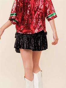 Minifalda de verano para mujer, informal, con lentejuelas brillantes, elástica, estilo A, para playa, vacaciones, club, ropa de calle - Negro - Ver 6