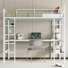 Okwish Loft Bed Bunk Bed 90x200 Cm, 140x200 Cm With Fall Protection, Metal Bed Children's Bed With Desk And Shelf, Iron Bed Youth Bed With Ladder, White/Black