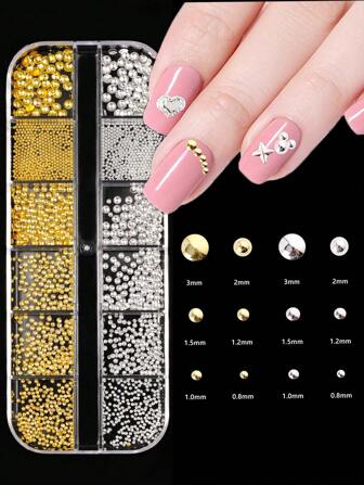 1Box 3D Mixed Sizes Nail Art Studs Gold Silver Mini Metal Caviar Nails Beads Ball Nail Nest Nails Rivets Jewelry For Women Girls Manicure Nails Supplies Diy Crafts Decorations Nail Charms Nail Gems