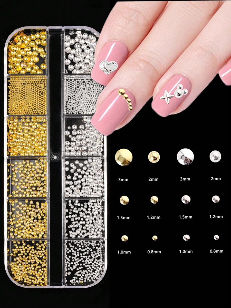 1Box 3D Mixed Sizes Nail Art Studs Gold Silver Mini Metal Caviar Nails Beads Ball Nail Nest Nails Rivets Jewelry For Women Girls Manicure Nails Supplies Diy Crafts Decorations Nail Charms Nail Gems - Multicolor - View 1