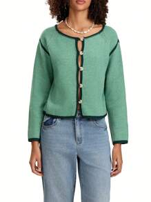 Women's Long-Length Wide-Sleeve Knitted Cardigan With Contrast Color Stitching And Button-Front Closure