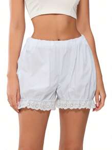 Women's Y2k Cute Casual Cotton Bloomers Shorts Loose Eyelet Embroidery Elastic Waist Ruffled Trim Bubble Lounge Shorts For Summer - 白色 - 查看 5