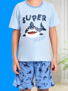 Pijama Masculino Infantil Shark Conjunto Short e Camiseta Tubarão Personagens