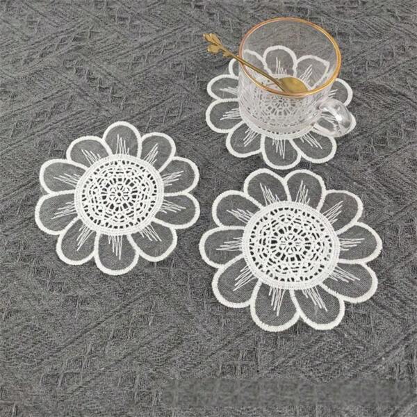 1pc Floral Embroidered Mesh Round Coaster, Embroidered Heat-Resistant Pad