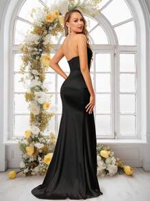 女士缎面性感露背紧身胸衣无袖褶皱高开叉正式舞会礼服，适合婚礼宾客、鸡尾酒会的女士礼服，2025 年春季