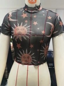 Women See-Through T-Shirts Mesh Crop Top Transparent Moon Star Print Tee - Black - View 8