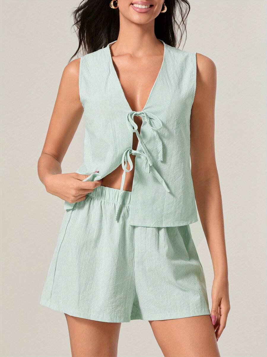 Women's 2 Piece Striped Outfit, Deep V Neck Tie-Up Tank Tops Elastic Waist Shorts For Summer