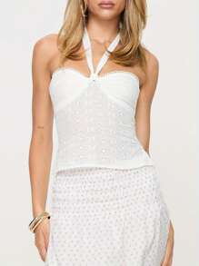 Women's Summer Halter Tank Tops Solid Color Eyelet Embroidery Vest Slim Fit Backless Crop Tops - White - View 1
