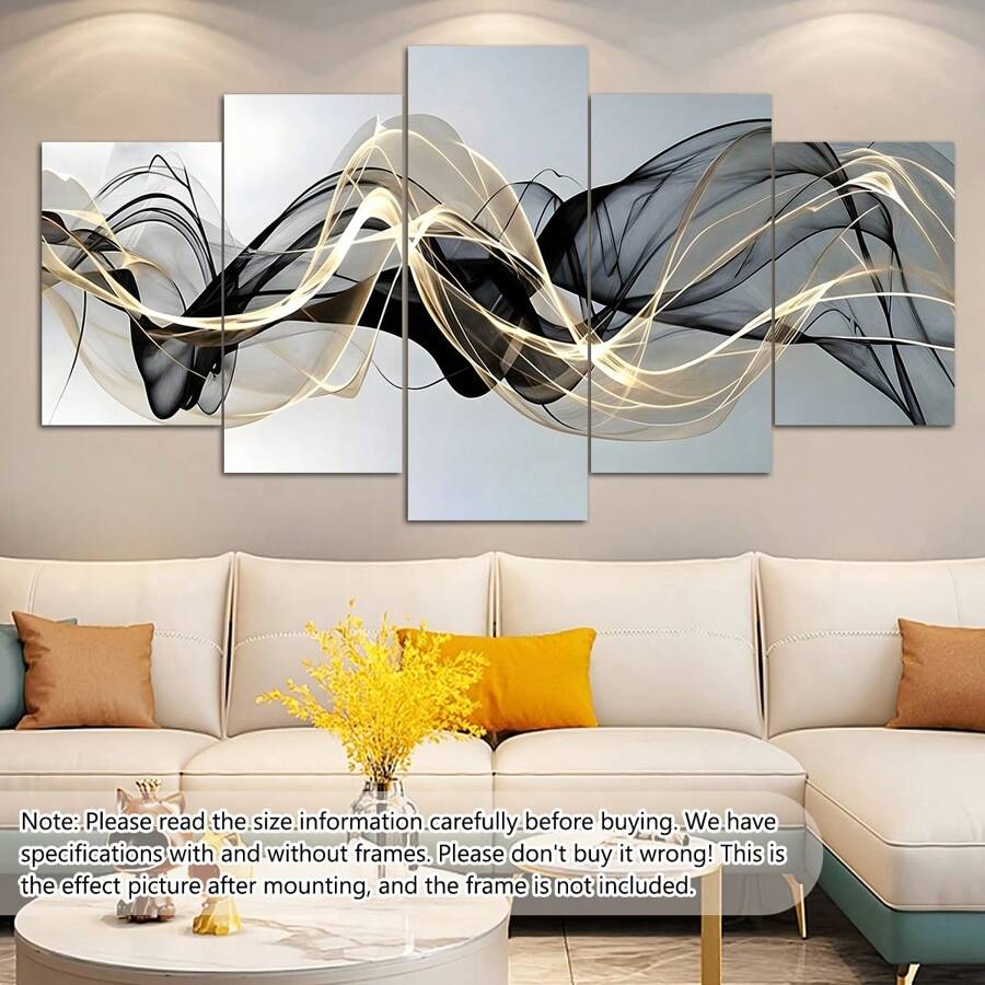 5pcs/Set Abstract Ribbon Canvas Wall Art - Black And Gold Threads Modern Landscape Printing Set, Art Deco Coastal Style For Living Room, Bedroom, Bathroom, Dining Room, Office Decoration, Posters, Wall Art, Room Decoration Stuff Gifts Birthday Graduation