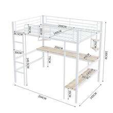 Okwish Loft Bed Bunk Bed 90x200 Cm, 140x200 Cm With Fall Protection, Metal Bed Children's Bed With Desk And Shelf, Iron Bed Youth Bed With Ladder, White/Black