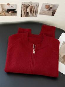 保暖外套，双面拉链女士针织开衫，针织外套，优雅休闲长袖上衣，适合秋冬季节、返校季、圣诞节、新年，红色外套