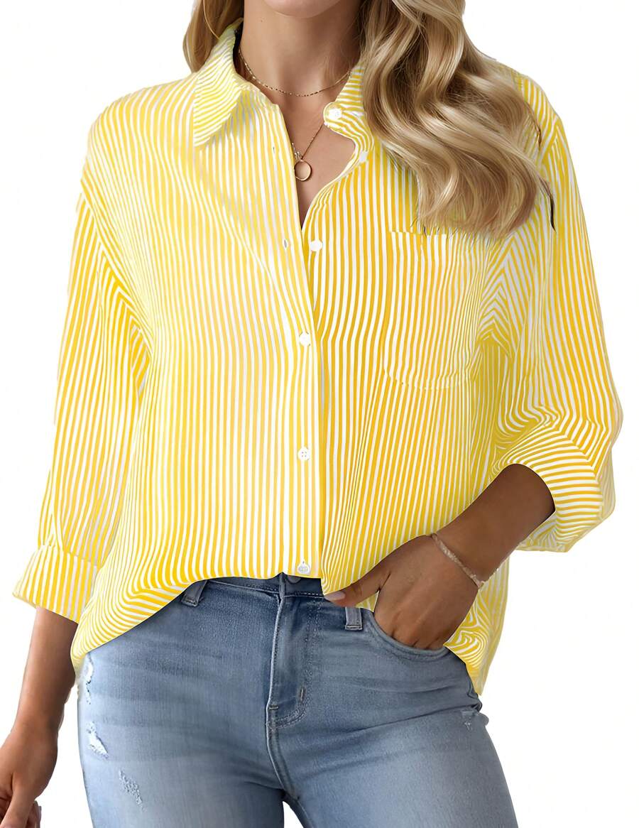 hoteel Women's Button-Up Shirt Striped Classic Long Sleeve Collared Office Work Shirt Top With Pockets - 黃色 - 查看 1