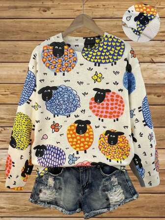 Fashionable New Digital Printed Sheep Animal Pattern Pullover Long Sleeve Sweater, Round Neck Women Knitwear, Suitable For Autumn And Winter