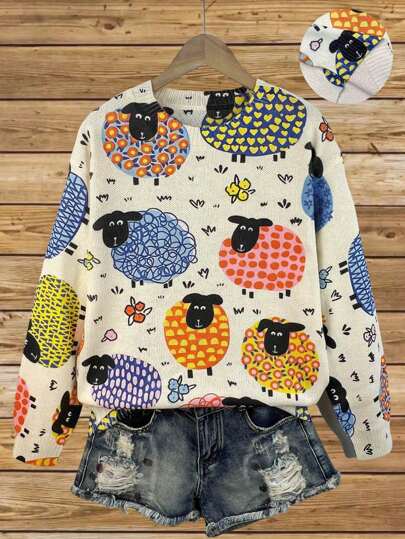 Fashionable New Digital Printed Sheep Animal Pattern Pullover Long Sleeve Sweater, Round Neck Women Knitwear, Suitable For Autumn And Winter