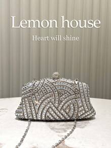 1pc Silver Shiny Elegant Crystal Decor Clutch Bag With Metallic Chain Strap, Fashion Shoulder Bag Suitable For Formal Dinner Party, Wedding, Ball, Suitable As Gift For Women Valentines - Silver - View 3