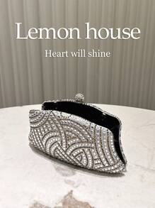 1pc Silver Shiny Elegant Crystal Decor Clutch Bag With Metallic Chain Strap, Fashion Shoulder Bag Suitable For Formal Dinner Party, Wedding, Ball, Suitable As Gift For Women Valentines - Silver - View 6