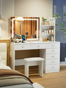 VOWNER Makeup Vanity Desk With Outlets, Large Mirror With Light Bulbs Color & Brightness Adjustable, 6 Drawers For Storage, Come With Stool, For Girls Women - White-lED Light Mirror & 7 Drawers - View 5