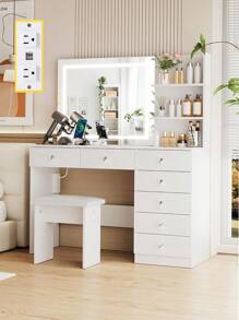 VOWNER Makeup Vanity Desk With Outlets, Large Mirror With Light Bulbs Color & Brightness Adjustable, 6 Drawers For Storage, Come With Stool, For Girls Women - White-lED Light Mirror & 7 Drawers - View 1