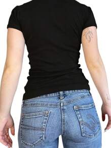 Women Summer Henley Shirt Casual Slim Fit Solid Color Short Sleeve T-Shirts Tops Blouse Streetwear - Black - View 4