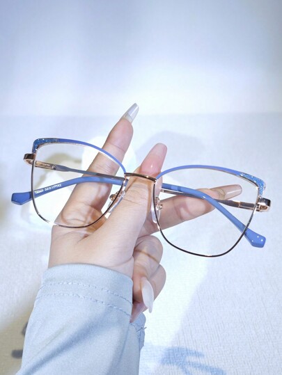 1pc Women's Minimalist Cat Eye Fashion Glasses, Matte Frame Patchwork Design, Student Decorative Non-Prescription Glasses, Suitable For Reading, Using Phones And Computers, Great Gift For Friends