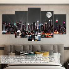 5pcs/Set Solid Wood Interior Frame Frame Wall Art City Building Color Light Print Painting Modern Art Living Room Bedroom Dining Room Home Office Decorative Painting ,Posters,Wall Art,Room Decoration Stuff,Canvas Gifts Birthday Graduation