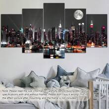 5pcs/Set Solid Wood Interior Frame Frame Wall Art City Building Color Light Print Painting Modern Art Living Room Bedroom Dining Room Home Office Decorative Painting ,Posters,Wall Art,Room Decoration Stuff,Canvas Gifts Birthday Graduation