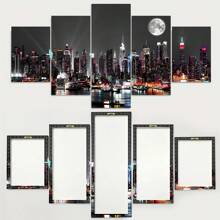 5pcs/Set Solid Wood Interior Frame Frame Wall Art City Building Color Light Print Painting Modern Art Living Room Bedroom Dining Room Home Office Decorative Painting ,Posters,Wall Art,Room Decoration Stuff,Canvas Gifts Birthday Graduation