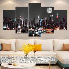 5pcs/Set Solid Wood Interior Frame Frame Wall Art City Building Color Light Print Painting Modern Art Living Room Bedroom Dining Room Home Office Decorative Painting ,Posters,Wall Art,Room Decoration Stuff,Canvas Gifts Birthday Graduation