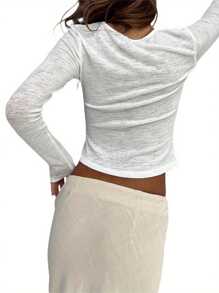 Women Button Up Shirt Casual Solid Color Sheer Long Sleeve Cropped Cardigan Blouse Streetwear Clubwear - White - View 5