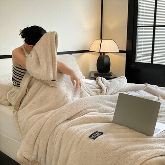 1 件厚双面羊毛毯，柔软温暖毛绒仿兔毛毯，多用途沙发，室内床，户外露营，四季礼物，可机洗，现代风格拼布毯，涤纶面料