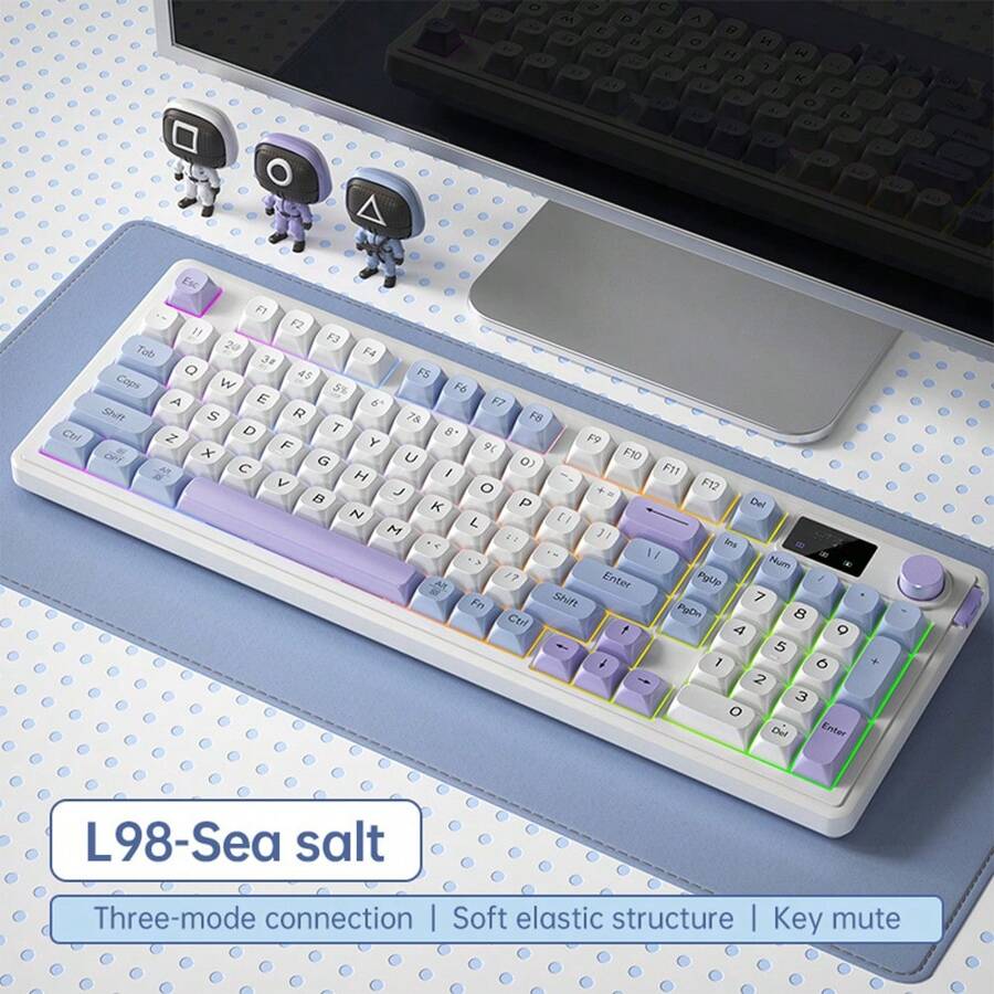 Teclado ergonómico inalámbrico para juegos, retroiluminación RGB, 98 teclas con 3 modos, batería recargable, control de volumen para oficina y deportes electrónicos - Azul - Ver 1