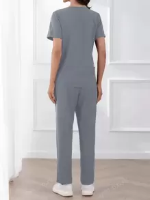 Ensemble de tenue d'uniforme médical avec Top à col en V unicolore et pantalon, manches courtes pour femmes