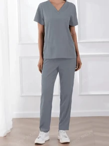 Ensemble de tenue d'uniforme médical avec Top à col en V unicolore et pantalon, manches courtes pour femmes