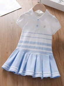 Young Girl Striped Print Collared Short Sleeve Polo Dress, Summer