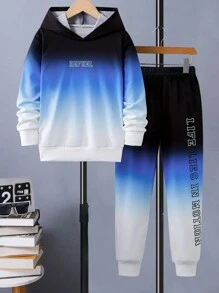 2件套秋冬季男童时尚休闲渐变色连帽卫衣和裤子套装，返校装