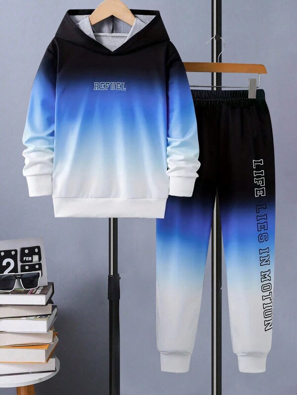 2pcs/Set Tween Boy Gradient Hoodie Sweatshirt And Pants Set, Casual Outfit For Autumn/Winter