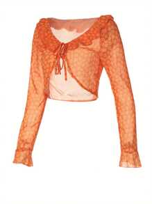 Ladies Summer Short Tops, Women Leisure Style Floral Printing Front Tie Up Flouncing Splicing Flare Long Sleeve Slim Blouse - naranja - Ver 6