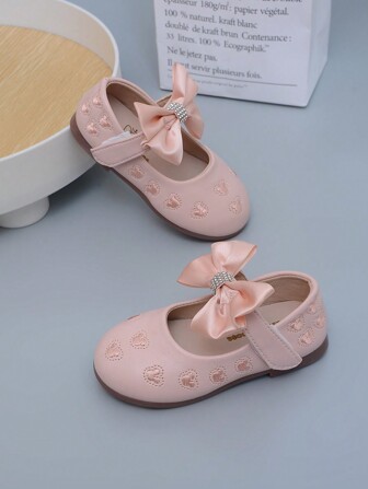 Cute & Fashion Children Flat Sports Shoes, Suitable For All Seasons, Stylish Bow, Embroidery Flat Shoes, Baby First Walking Shoes, Hook & Loop Toe Closure Princess Shoes