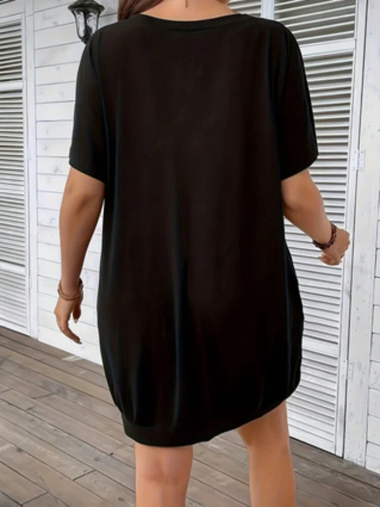 Vestido casual de verano con cuello en V y manga corta para mujer talla grande, negro, elegante para vacaciones - Negro - Añade 2