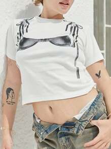 Women Crop Tops Bra Print Short Sleeve Round Neck Casual T-Shirts Summer Slim Fit Shirts Streetwear