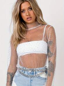 Women See-Through Tops Long Sleeve Rhinestone Sequins Mesh Cover Ups - White - View 2