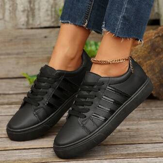 Women's Casual Sports Shoes, Black, Low-Top, Lightweight, Non-Slip, Durable, Low Heel, Round Toe, Lace-Up, Leather Upper, Soft Sole, Student Version, Suitable For Outdoor Wear, Spring/Autumn
