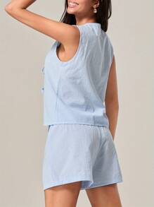 Women's 2 Piece Striped Outfit, Deep V Neck Tie-Up Tank Tops Elastic Waist Shorts For Summer