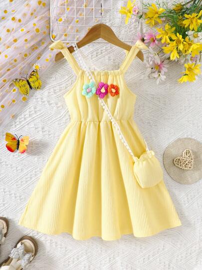 Young Girl Summer Dress Set, Includes Sleeveless Floral Printed Dress And Crossbody Bag, Soft & Comfortable Fabric, Suitable For 4-7 Years Old