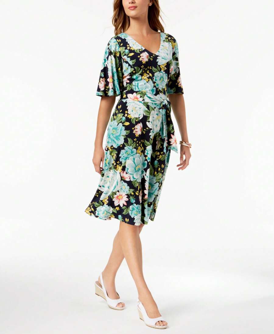 Charter Club Petite Floral Print Flutter Sleeve Dress - Blue - View 1