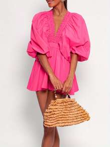 Women Deep V-Neck Rompers Solid Color/Plaid Bubble Sleeve Summer Short Jumpsuits Playsuits Streetwear - Hot Pink - View 6