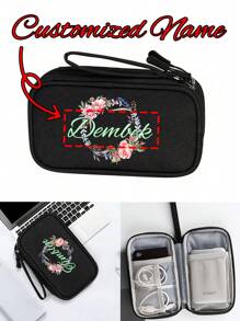Customized Name, Printed With Floral Wreath Pattern Electronic Storage Bag, Waterproof Travel Storage Bag, Portable Travel U Disk Hard Disk Headphone Storage Bag, Multi-Functional Electronic Accessories Storage Bag, Daily Use, School, Work Or Travel Use, Waterproof, Easy To Clean, Picnicking, Going Out, Traveling, Birthday Gift, Teacher's Gift,Boho Vibes - Black - View 7