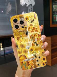 1 pieza Funda de teléfono a prueba de golpes con diseño de girasol y abeja compatible con iPhone/Galaxy/Infinix/Redmi/OPPO/VIVO/Realme, versión internacional, no la versión nacional - Beis - Ver 2