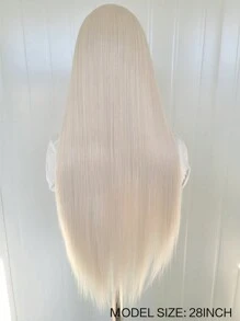 13x4 Platynowy blond syntetyczna peruka z przodu z koronką, 180% wysokiej gęstości włókna odpornego na ciepło, długie proste włosy peruka z koronką z przodu, 28 cali dla kobiet